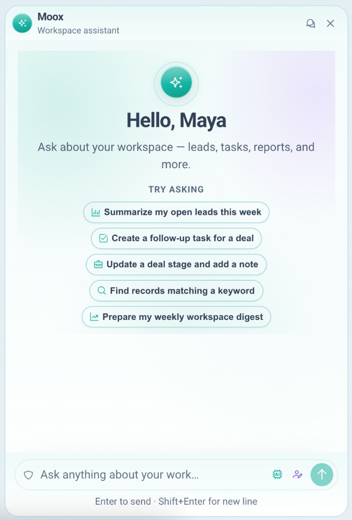 Moox workspace assistant — ask about leads, tasks, and reports in natural language